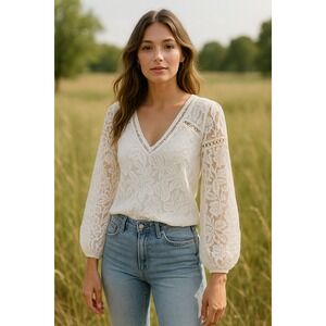 Willow Root White Lace V Neck Long Sleeve Balloon Sleeve‎ Blouse Top Size S